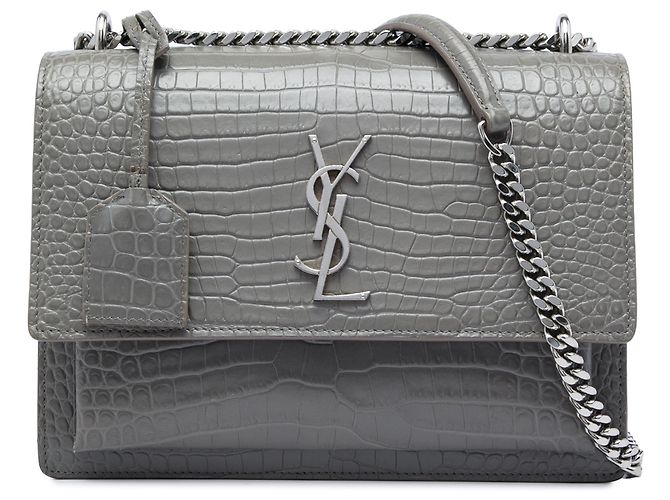 Autre Marque Saint Laurent Gray Medium Croc Embossed Leather Monogram Sunset Crossbody Marrom