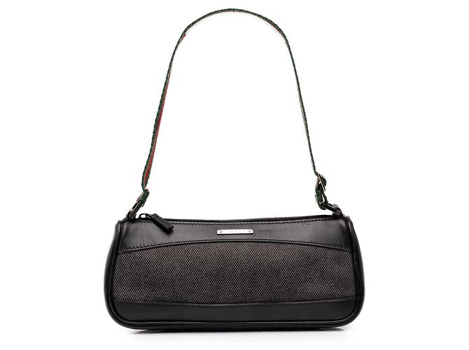 Bolsa de Ombro Gucci em Denim Preto com Faixa Web