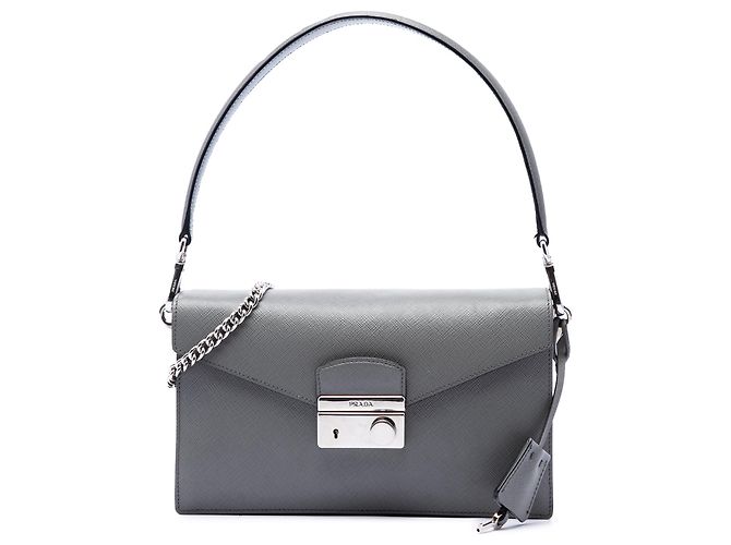 Bolsa Satchel Prada Mini Saffiano Lux Sound Lock Cinza Marrom