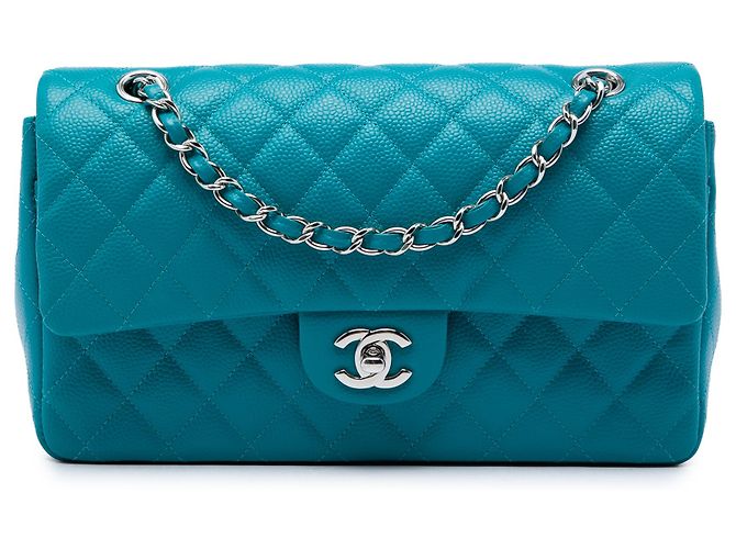Chanel Blue Medium Classic Iridescent Caviar Double Flap Blau Türkis