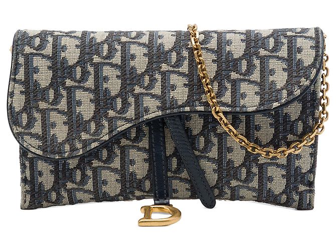 Dior Blue Oblique Canvas Saddle Wallet On Chain Navy blue