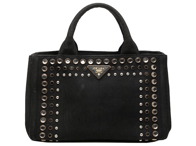 Prada Handtasche aus schwarzem Canapa-Canvas mit Nieten
