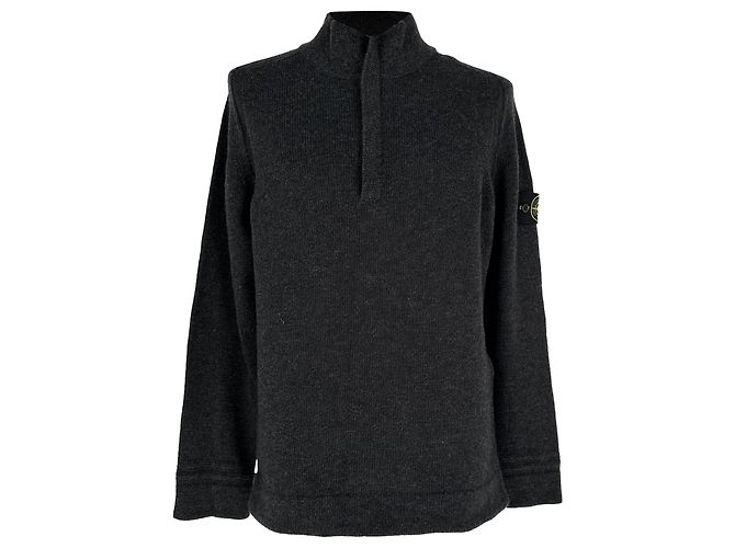 Stone Island Strickpullover mit halbem Reißverschluss aus dunkelgrauer Wolle