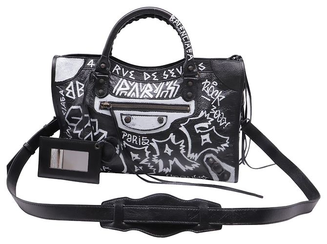 Borsa Balenciaga Medium City Graffiti in pelle d'agnello nera Nero