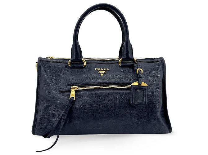 Sac Satchel Convertible Prada Vitello Phenix Medium avec Fermeture Éclair Avant Bleu Marine