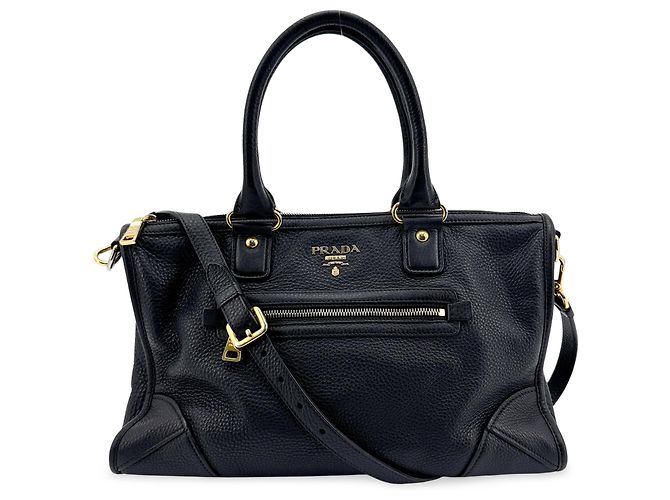 Prada Front Zip Convertible Satchel Vitello Phenix Medium Black