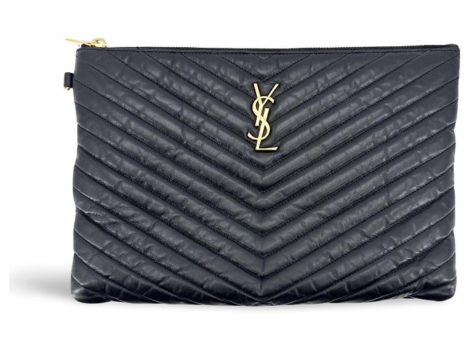 Autre Marque Saint Laurent Classic Monogram Wristlet Matelasse Chevron Leather Medium Noir