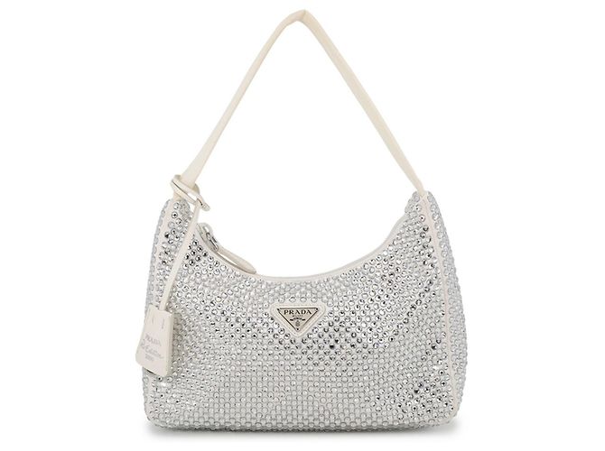 Saffiano Prada Handtasche Re Edition 2000 Terry Rhinestone Weiß