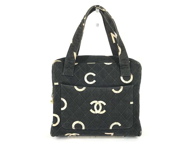 Sac à main cabas Chanel Vintage CC Coco Mark Logo Noir Blanc