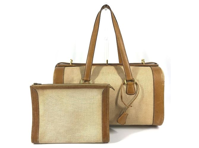 Hermès Borsa da toilette Hermes in pelle e tela beige Marrone