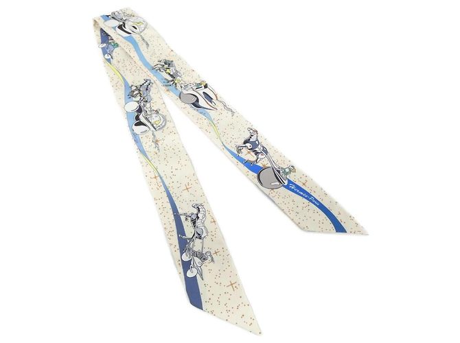 Hermès Hermes Space Derby Twilly Schal Weiß Blau Mehrfarben Roh