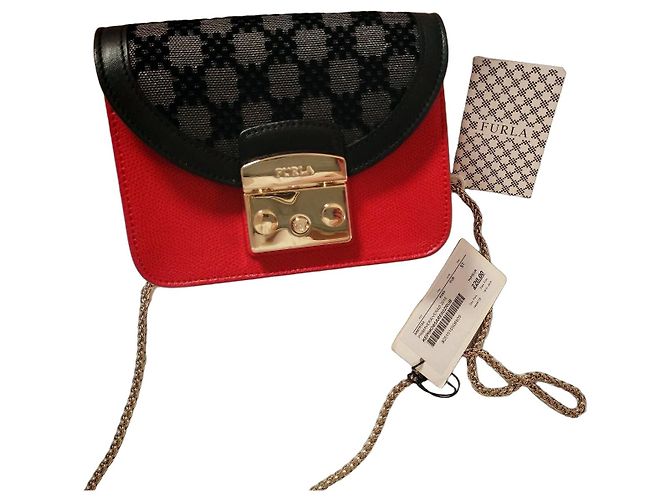 Furla Metropolis Mini Bolsa Couro Vermelho e Brocado Preto