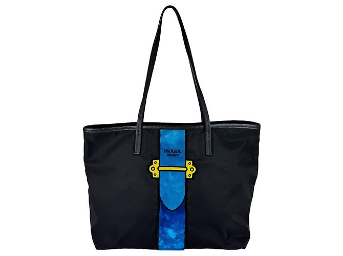 Tote Sac cabas Prada en nylon et velours Noir Bleu