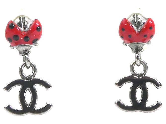 Orecchini a lobo Chanel Ladybug rossi e Gunmetal Rosso Metallico