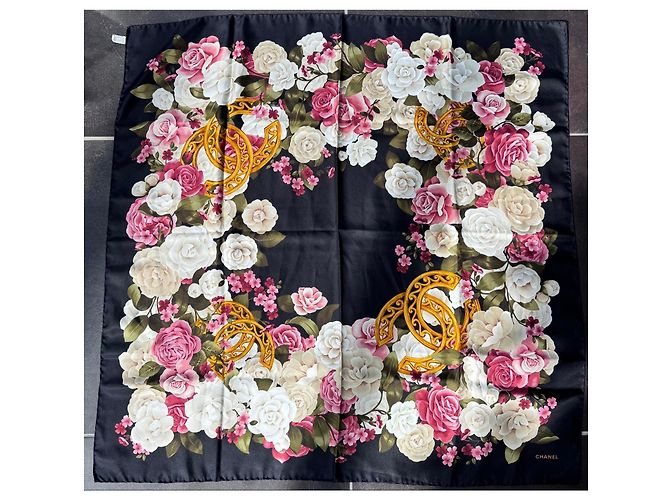 Chanel Silk square with flower and CC logo print Black Pink White Multiple colors Golden