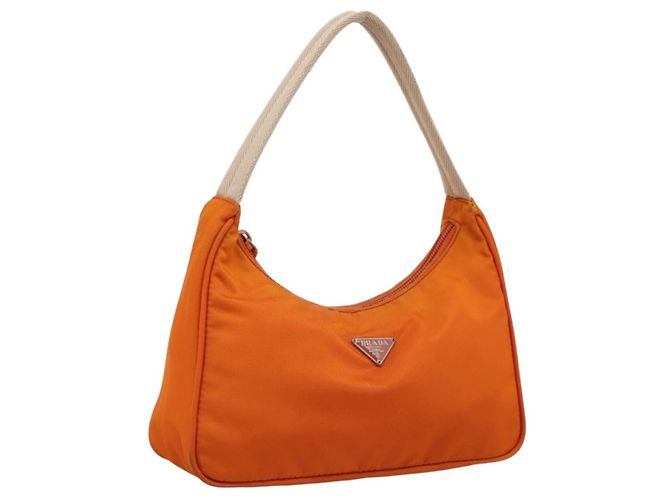 Bolsa de Mão PRADA Nylon Laranja Prata Auth 205395A
