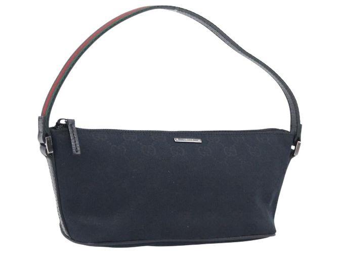 GUCCI GG Canvas Web Sherry Line Pouch Black Silver 141809 Auth am12736V