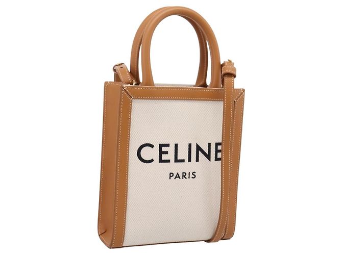 Céline CELINE Mini Vertical Cabas Handtasche Canvas 2way White Gold Auth BA15762M Weiß Golden