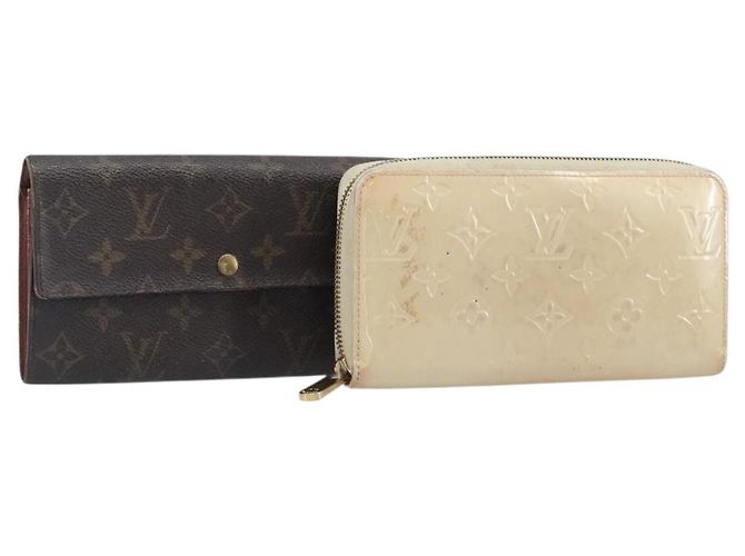 LOUIS VUITTON Monogram Long Wallet 2 Set Beige LV Auth ar14329 Monograma