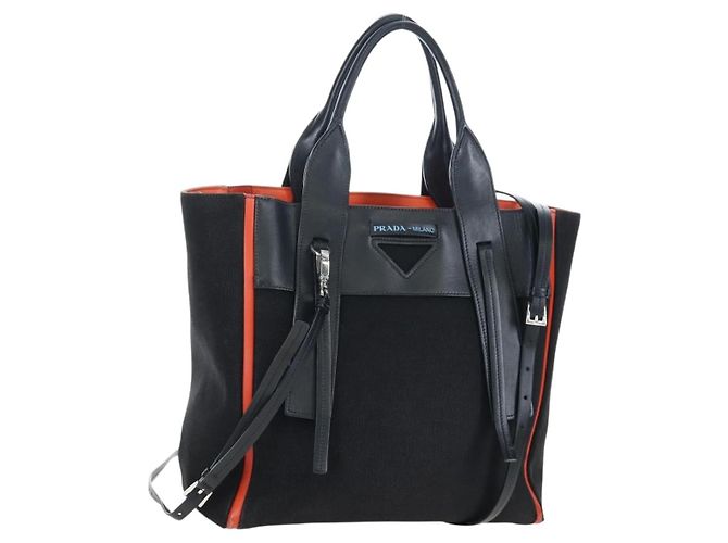 PRADA Uverture Tote Bag Canvas 2way Schwarz Silber Auth 206647