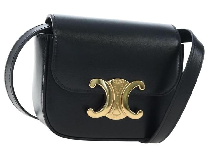 Céline CELINE Triomphe Shoulder Pouch Cuir Noir Or Auth LN079M Doré