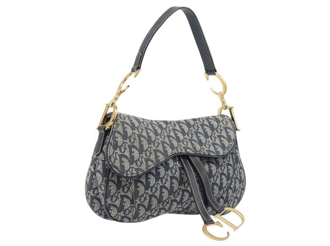 Borsa Double Saddle Christian Dior Trotter Canvas Navy Gold Tone Auth 206654V Blu navy