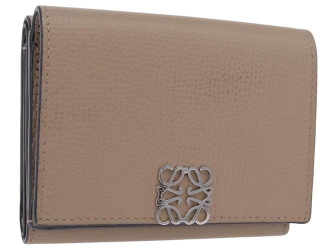 LOEWE Anagram Trifold Wallet Leather Beige Silver Auth 205328M Silvery