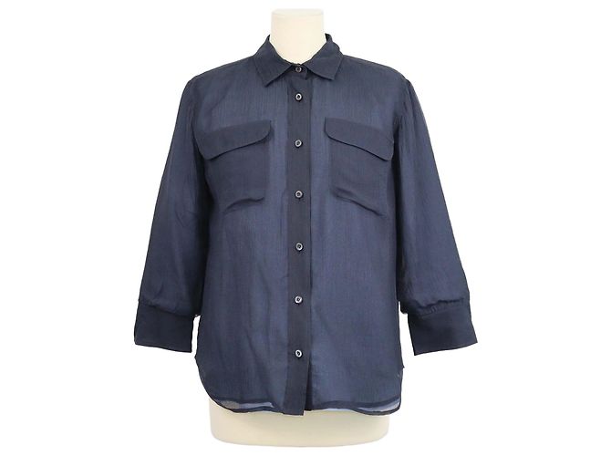 Camisa de gasa de seda azul marino con manga tres cuartos Prada