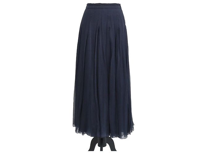 Falda maxi plisada de gasa de seda azul marino Prada