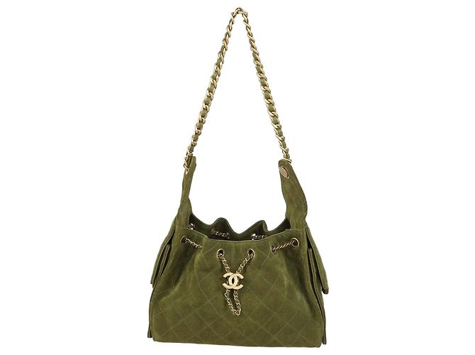 Chanel Khaki Quilted Suede Small 25 Hobo Vert