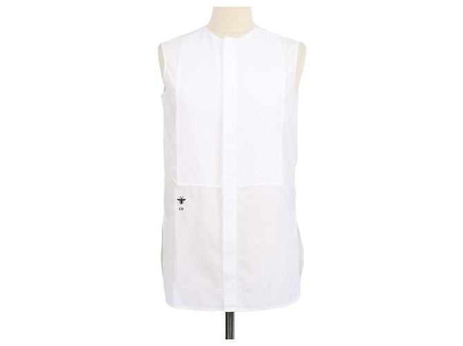 Top sin mangas con botones de algodón blanco con bordado de abeja Christian Dior