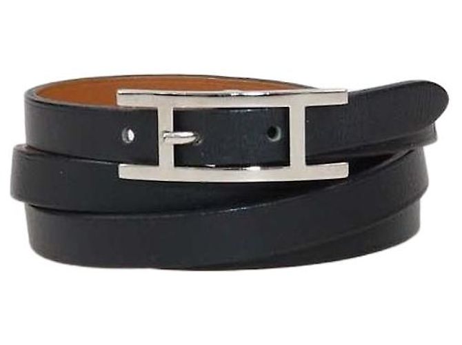 Hermès Bracelete Behapi Double Tour em couro preto Hermes