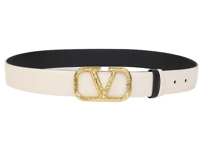 Valentino Black,White Leather Reversible Hammered VLogo Belt