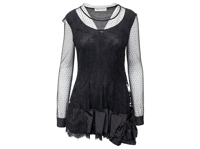 Top largo de encaje bordado de Valentino Negro