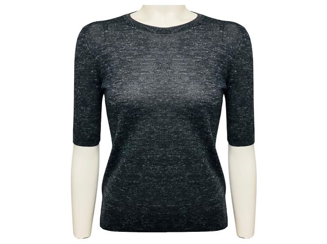 Gabriela Hearst Chryse Kurzarm-Pullover mit Rundhalsausschnitt in Anthrazitgrau