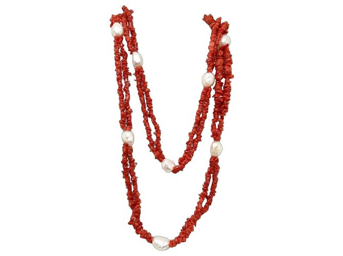 Autre Marque Collana lunga in Corallo Rosso naturale e perle Barocche Bianco