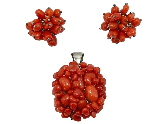 Autre Marque Set Gioielli in Corallo Rosso e Argento S925