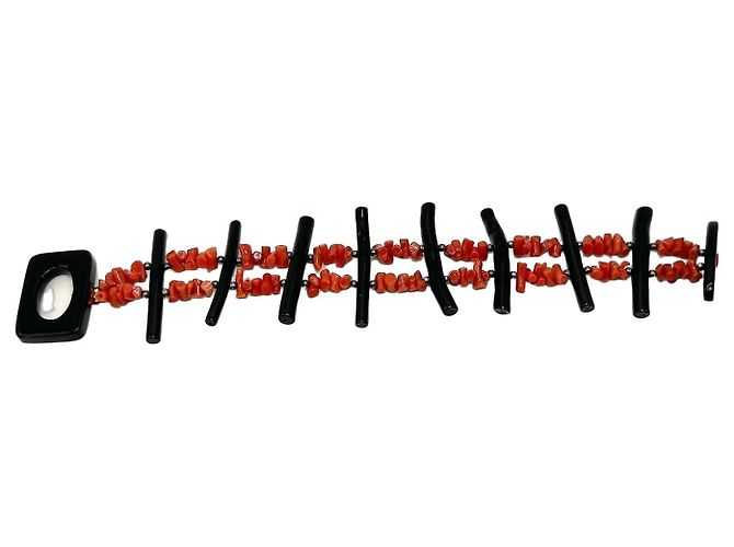 Autre Marque Bracciale in Corallo Rosso e Nero Naturale e Argento S925
