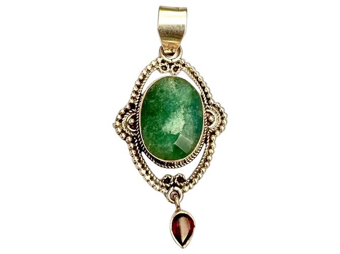 Autre Marque Pingente em Prata de Lei com Esmeralda e Granada Vermelho Verde