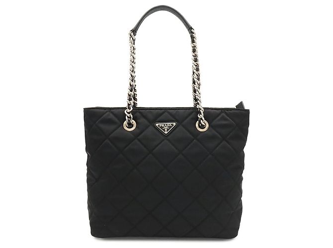 Prada Triangle Tote Bag with Chain Shoulder Strap Black