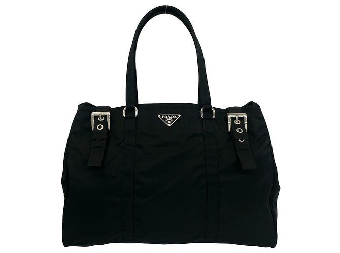 Prada Triangle Logo Hardware Tessuto Pocono Nylon Leather Tote Bag Black