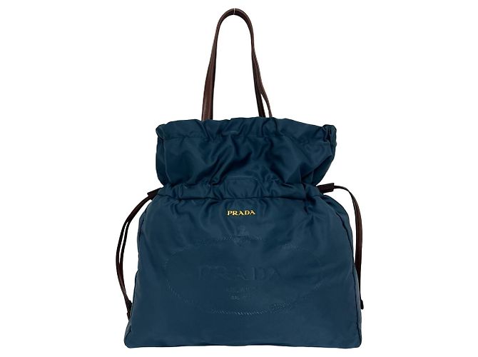 Prada Logo Hardware Tessuto Pocono Nylon Leder Drawstring Tote Bag Braun Blau