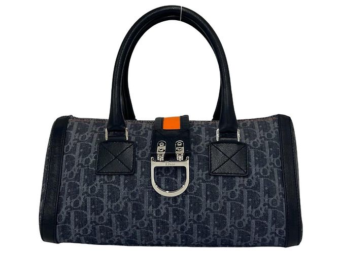 Bolsa de mão em couro e denim com padrão Flight Trotter Christian Dior Laranja Azul marinho