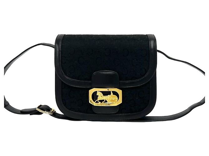 Céline Celine Vintage C Macadam Pattern Shoulder Bag Black