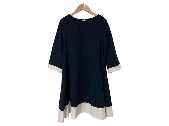 Autre Marque Grace Class Wool Bicolor Dress Blue Navy blue