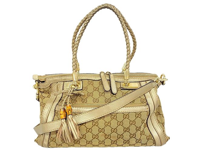 Gucci GG Canvas Bamboo Handbag Brown Golden