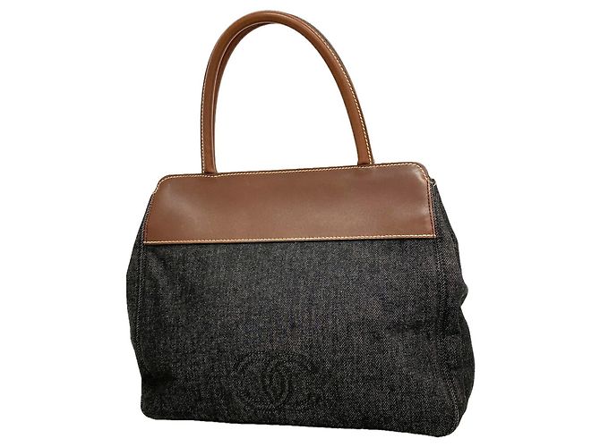 Chanel Denim Leder Tote Bag Braun Schwarz