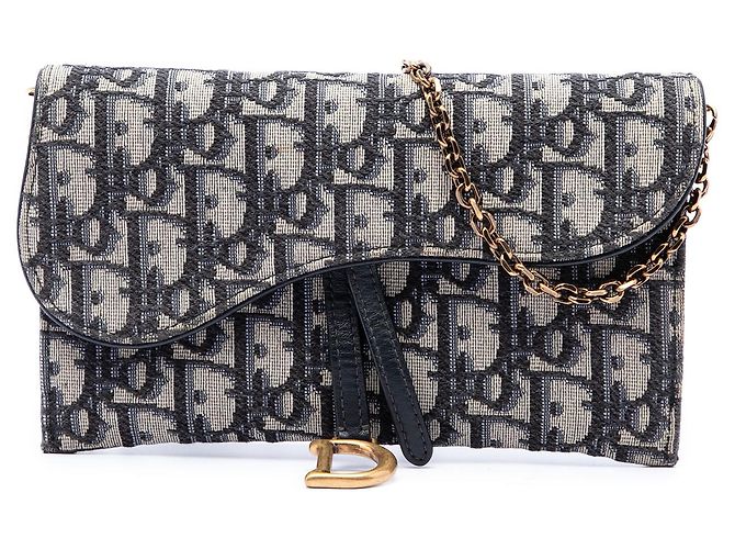 Autre Marque Dior Blue Oblique Canvas Saddle Wallet On Chain Blau Marineblau