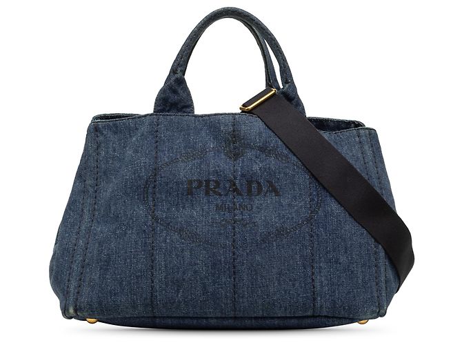 Borsa Tote Prada Blue Denim Canapa Logo