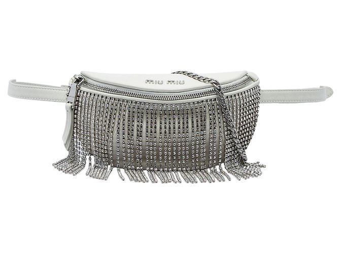Bolso cinturón convertible Miu Miu de napa blanco con flecos de cristal